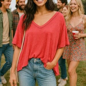 Free People We The‎ Free Nina V-Neck Tee – Red – XS BoxyFit, RawEdge, Loungewear